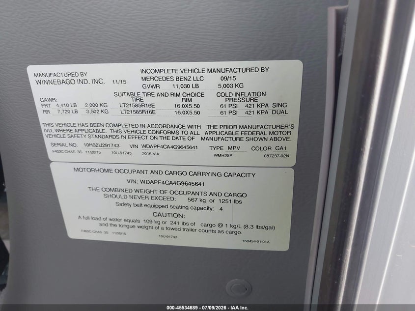 2016 Mercedes Sprinter VIN: WDAPF4CA4G9645641 Lot: 45534689