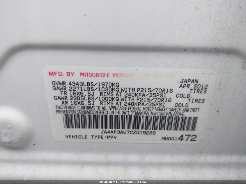 MITSUBISHI OUTLANDER SPORT 2012 VIN JA4AP3AU7CZ009288