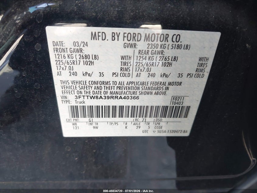 2024 Ford Maverick Xl VIN: 3FTTW8A39RRA40366 Lot: 45534720