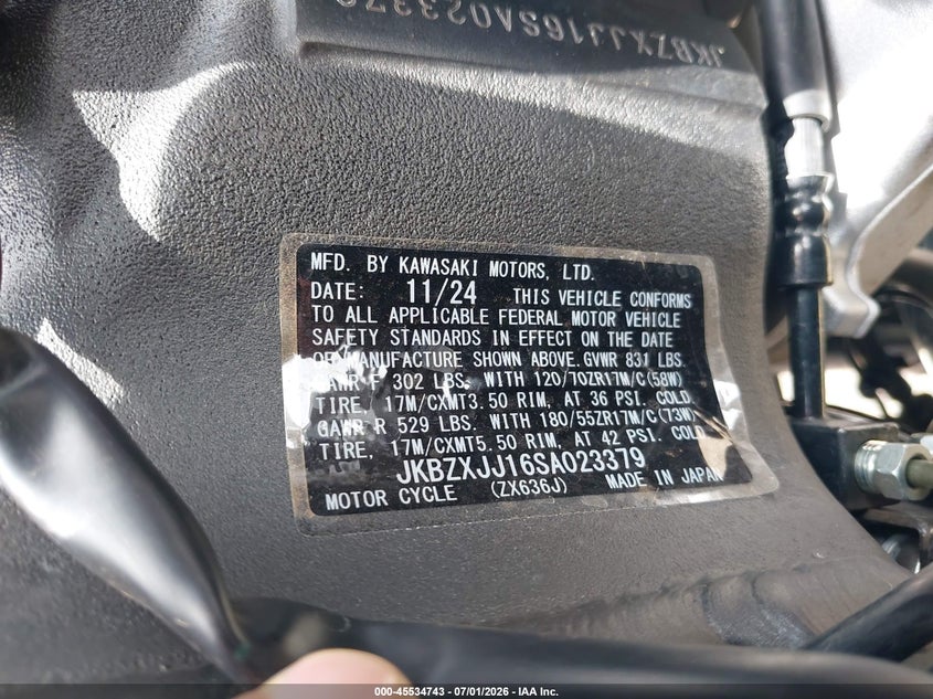 2025 Kawasaki Zx636 K VIN: JKBZXJJ16SA023379 Lot: 45534743