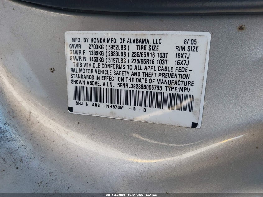 2006 Honda Odyssey Lx VIN: 5FNRL38236B006763 Lot: 45534804