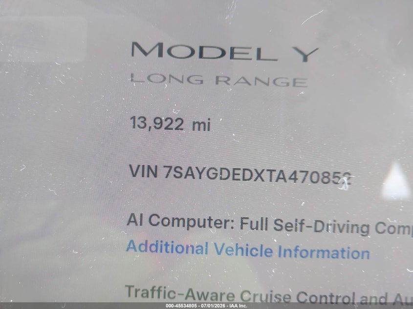 2026 Tesla Model Y Premium Rear-Wheel Drive/Rear-Wheel Drive VIN: 7SAYGDEDXTA470852 Lot: 45534805