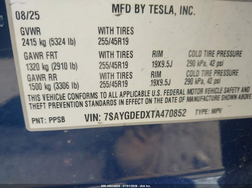2026 Tesla Model Y Premium Rear-Wheel Drive/Rear-Wheel Drive VIN: 7SAYGDEDXTA470852 Lot: 45534805