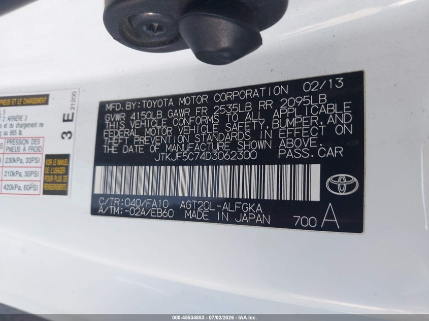2013 Scion Tc VIN: JTKJF5C74D3062300 Lot: 45534853
