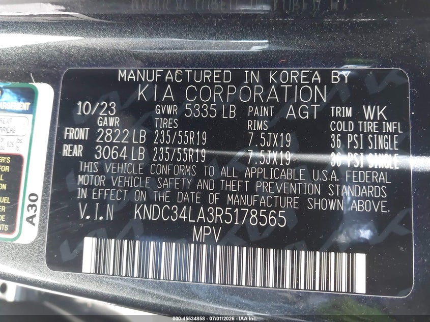 2024 Kia Ev6 Wind VIN: KNDC34LA3R5178565 Lot: 45534858