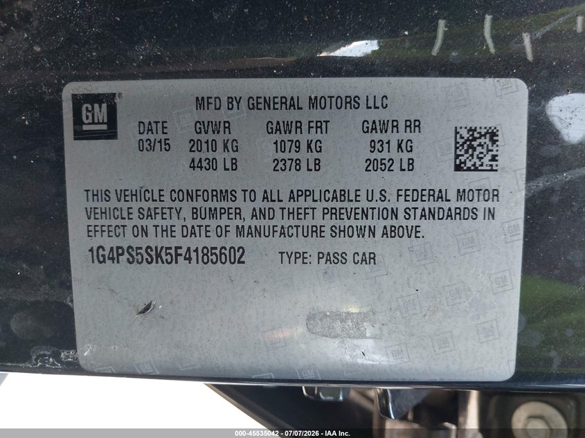 2015 Buick Verano Leather Group VIN: 1G4PS5SK5F4185602 Lot: 45535042