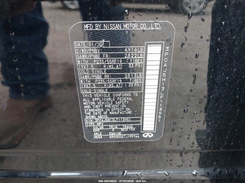 2020 Infiniti Qx50 Essential VIN: 3PCAJ5M13LF113951 Lot: 45535052