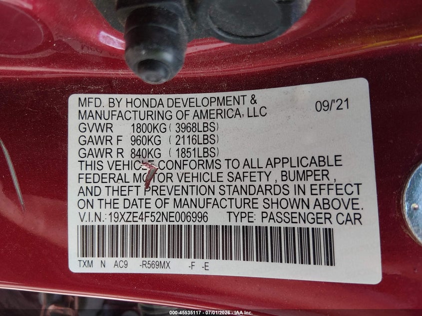 2022 Honda Insight Ex VIN: 19XZE4F52NE006996 Lot: 45535117