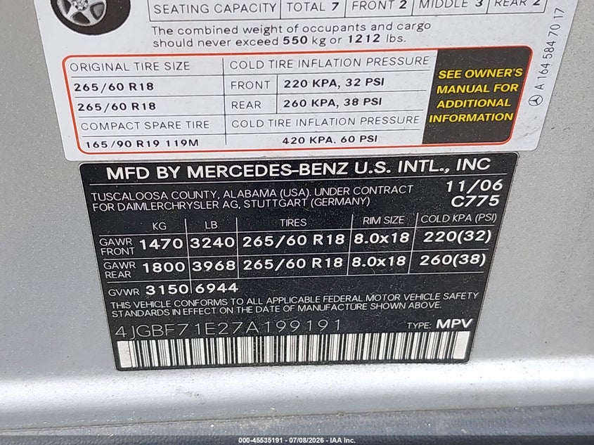 2007 Mercedes-Benz Gl 450 4Matic VIN: 4JGBF71E27A199191 Lot: 45535191