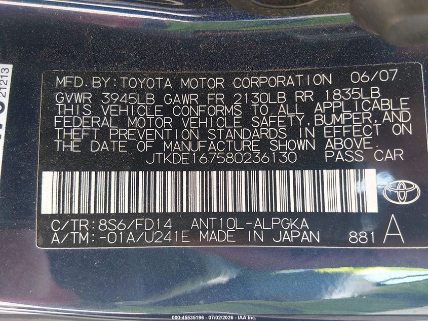 2008 Scion Tc VIN: JTKDE167580236130 Lot: 45535196