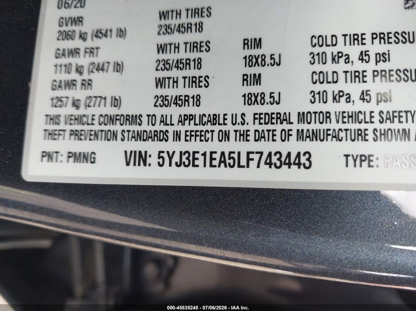 TESLA MODEL 3 2020 VIN 5YJ3E1EA5LF743443