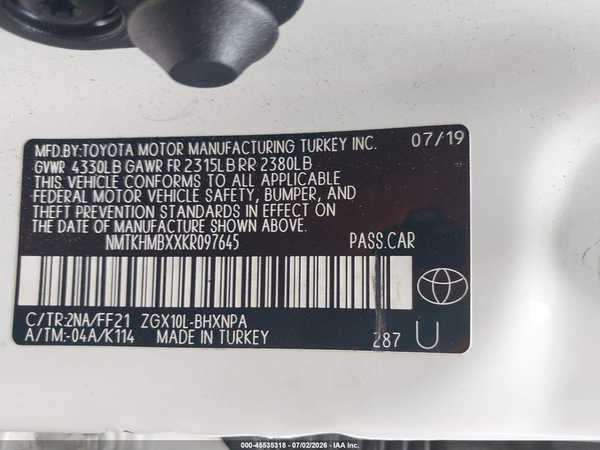 2019 Toyota C-Hr Xle VIN: NMTKHMBXXKR097645 Lot: 45535318