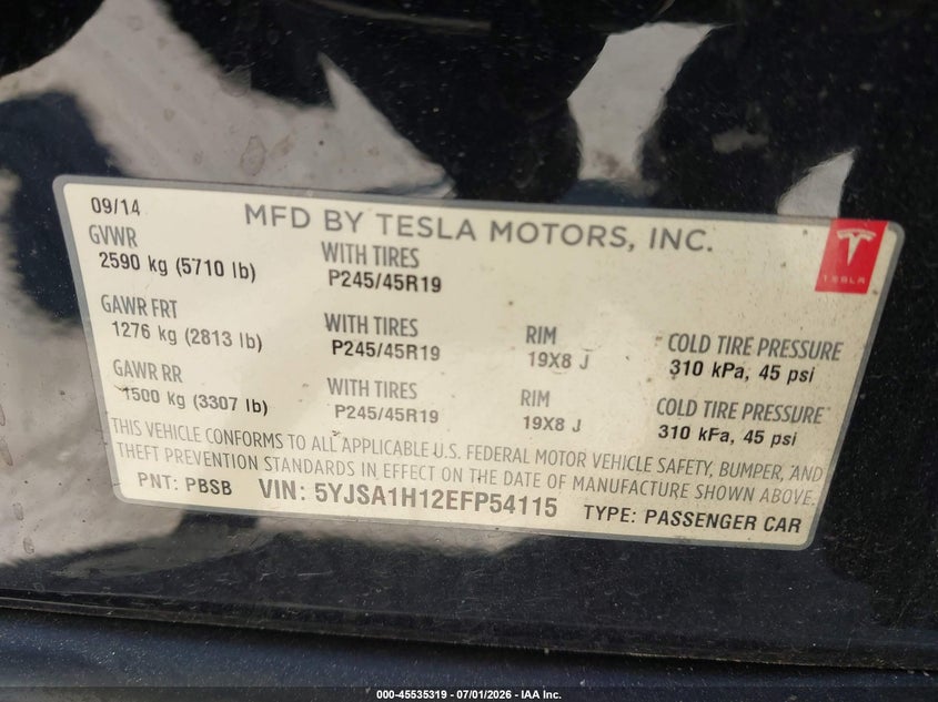 2014 Tesla Model S P85 VIN: 5YJSA1H12EFP54115 Lot: 45535319