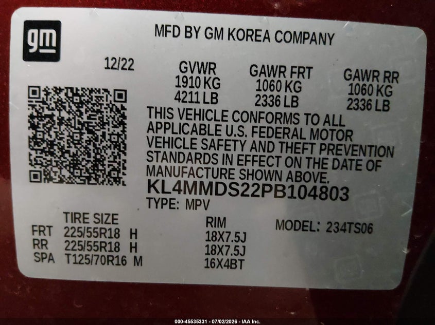2023 Buick Encore Gx Select Fwd VIN: KL4MMDS22PB104803 Lot: 45535331
