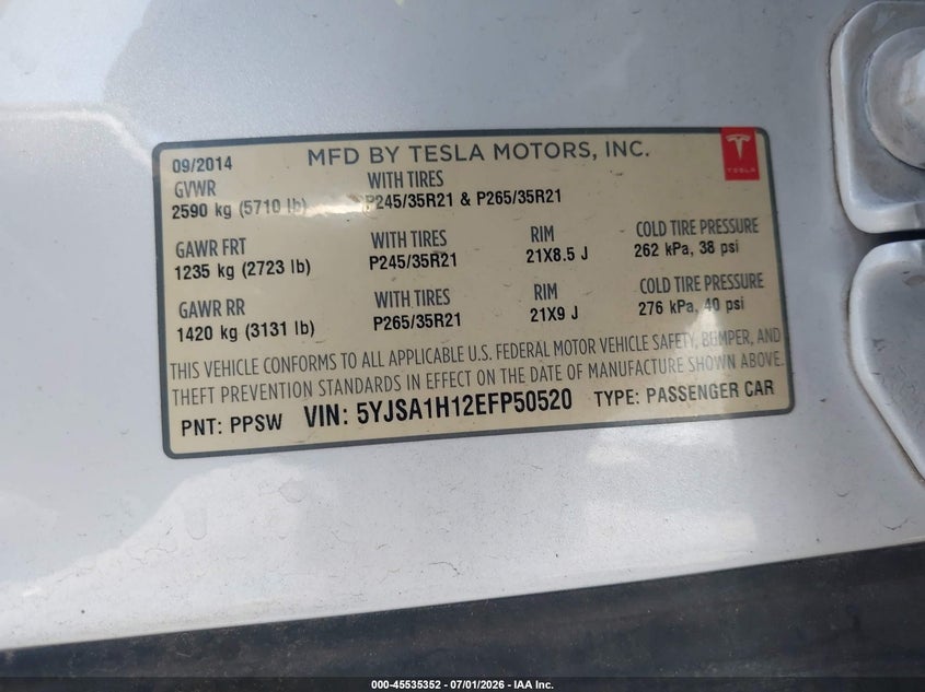 2014 Tesla Model S P85 VIN: 5YJSA1H12EFP50520 Lot: 45535352
