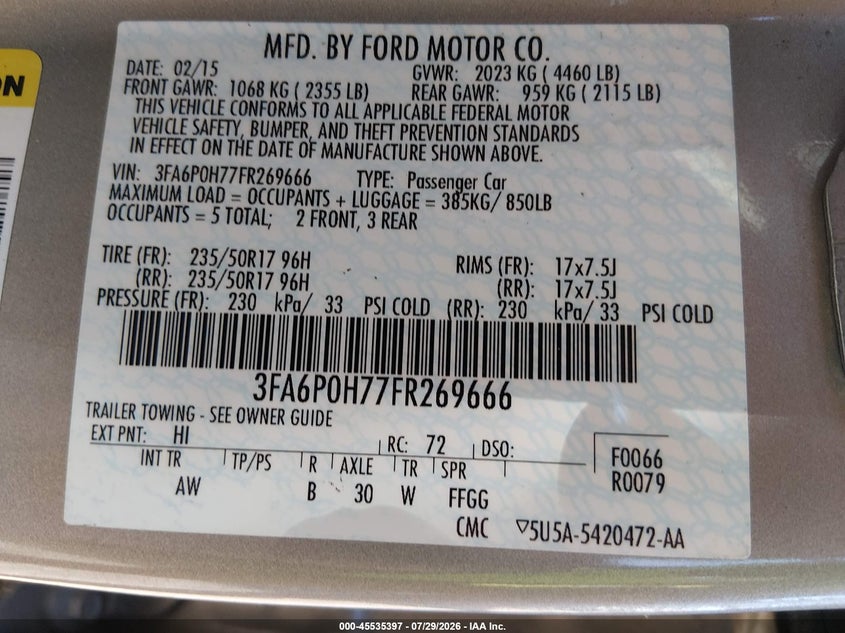 2015 FORD FUSION SEDAN 2.5L I-4 DOHC, VVT, 175HP