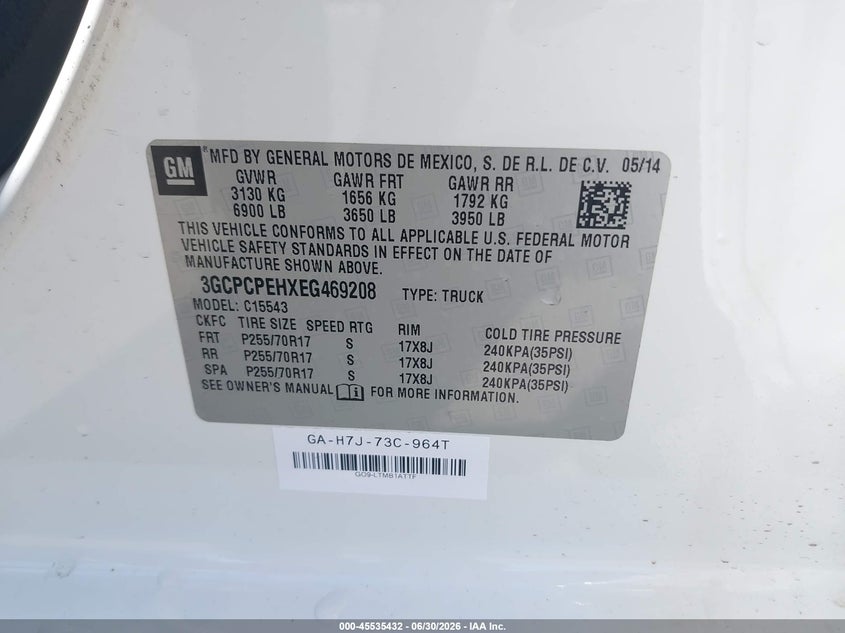 2014 Chevrolet Silverado 1500 Work Truck VIN: 3GCPCPEHXEG469208 Lot: 45535432