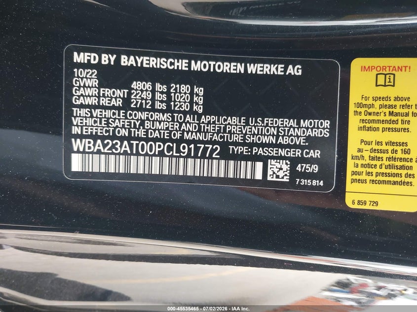 2023 BMW 430I VIN: WBA23AT00PCL91772 Lot: 45535465