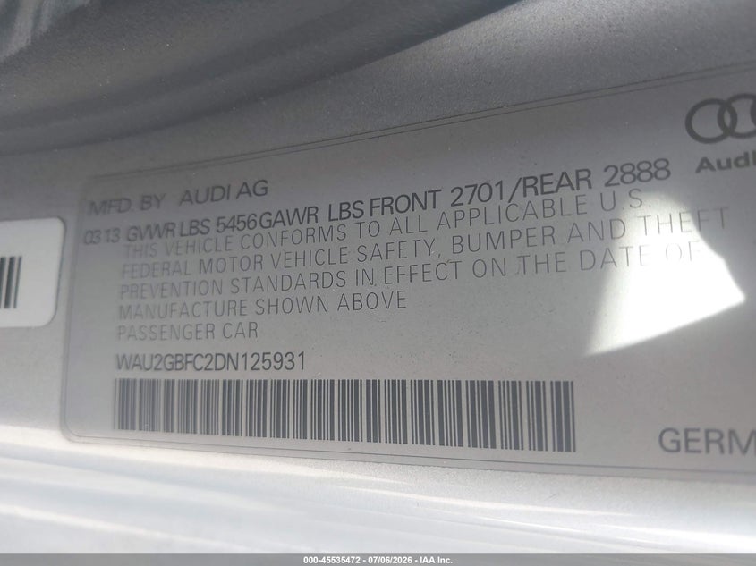 2013 Audi A7 3.0T Premium VIN: WAU2GBFC2DN125931 Lot: 45535472
