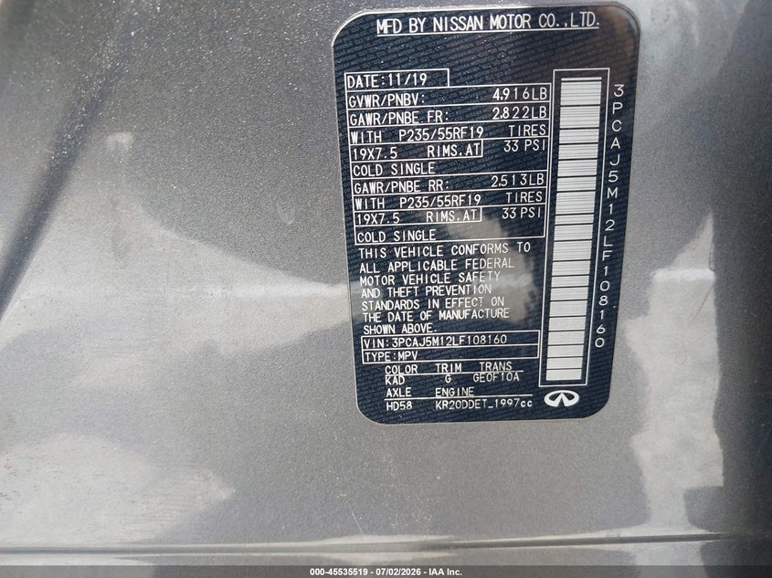 2020 Infiniti Qx50 Essential VIN: 3PCAJ5M12LF108160 Lot: 45535519