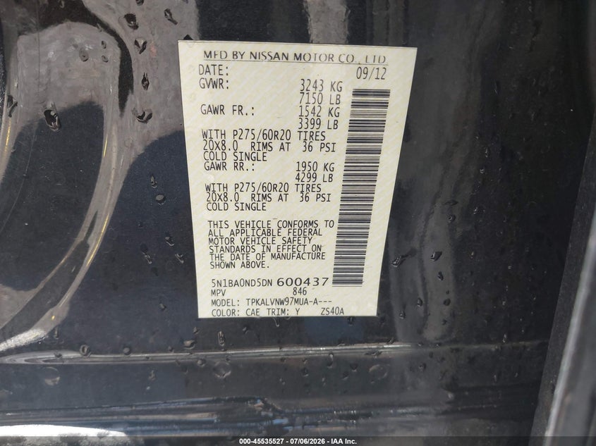 2013 Nissan Armada Sl VIN: 5N1BA0ND5DN600437 Lot: 45535527
