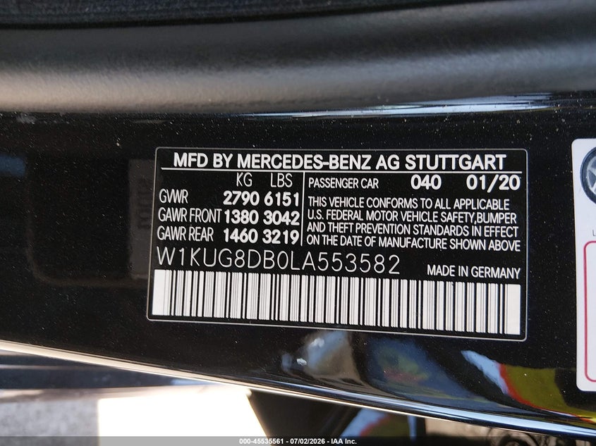 2020 Mercedes-Benz S 560 VIN: W1KUG8DB0LA553582 Lot: 45535561