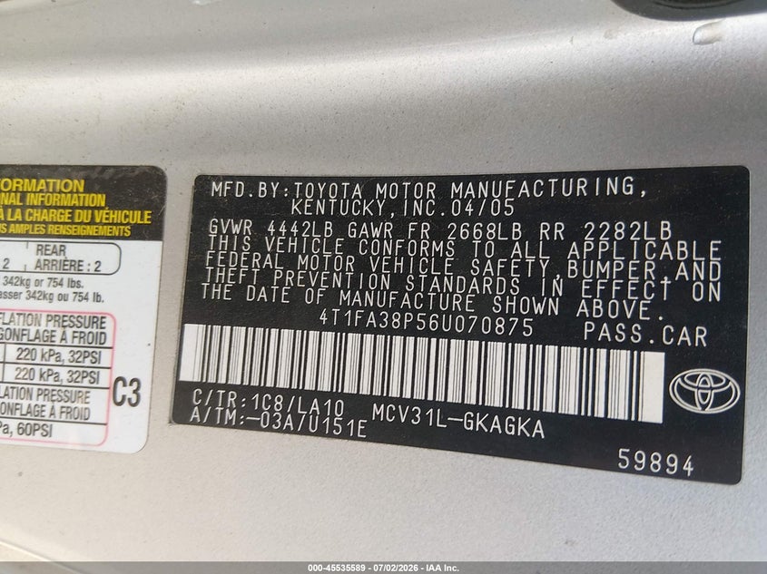 2006 Toyota Camry Solara Sle VIN: 4T1FA38P56U070875 Lot: 45535589