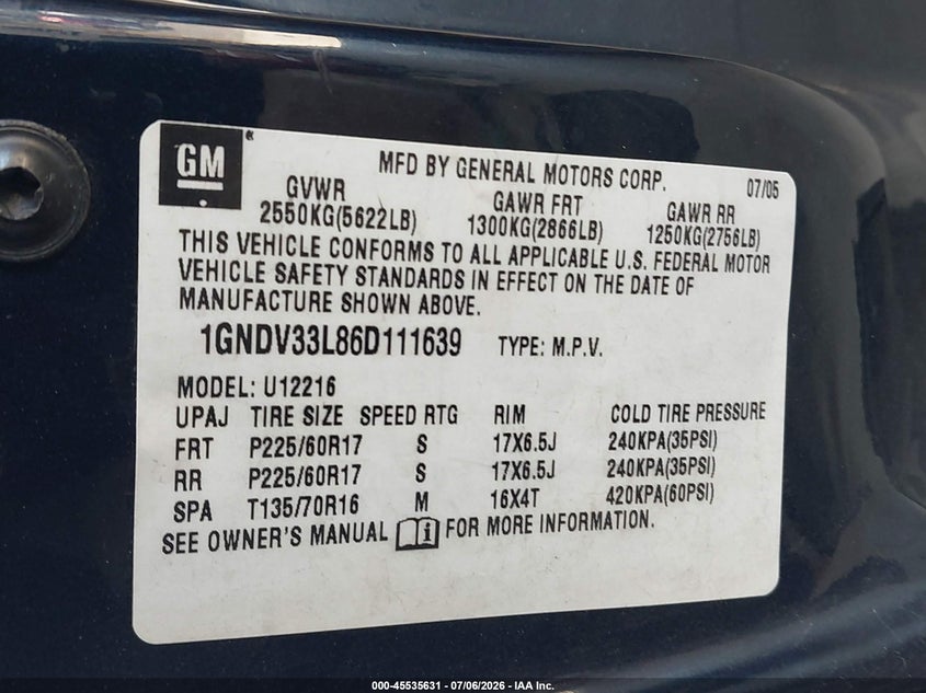 2006 Chevrolet Uplander Lt W/2Lt VIN: 1GNDV33L86D111639 Lot: 45535631