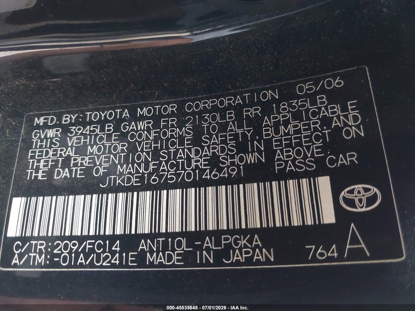 2007 Scion Tc VIN: JTKDE167570146491 Lot: 45535648