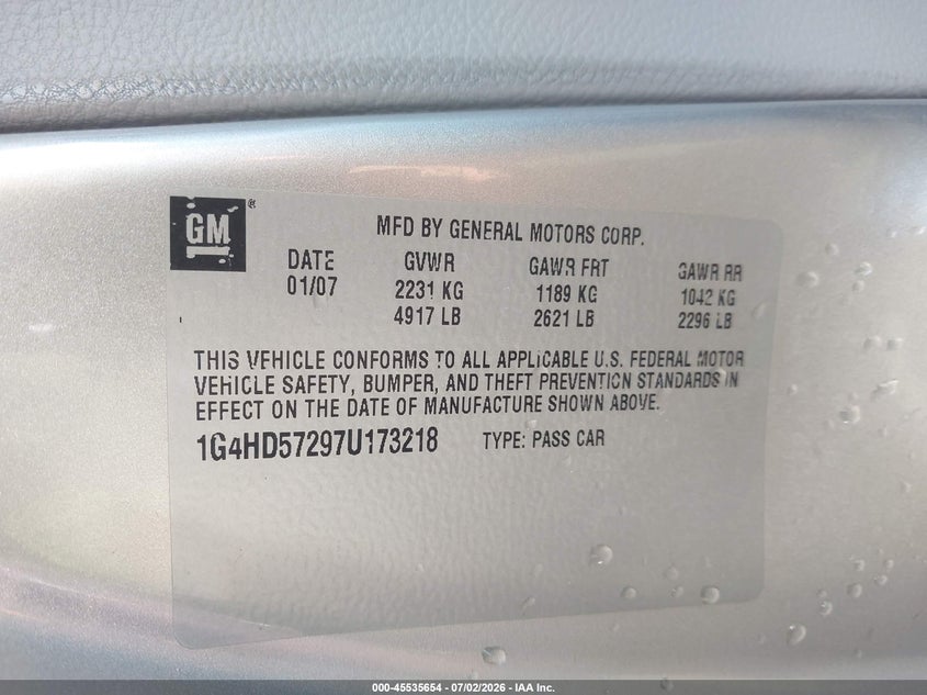 2007 Buick Lucerne Cxl VIN: 1G4HD57297U173218 Lot: 45535654