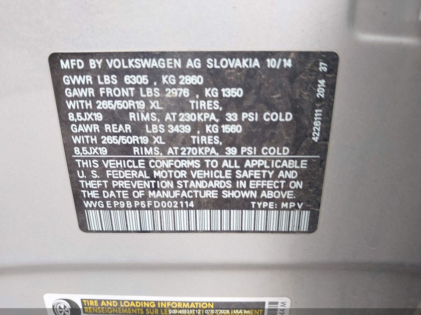 2015 Volkswagen Touareg Tdi Lux VIN: WVGEP9BP5FD002114 Lot: 45535712