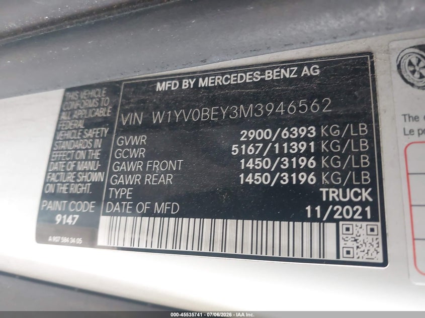 2021 Mercedes-Benz Metris VIN: W1YV0BEY3M3946562 Lot: 45535741