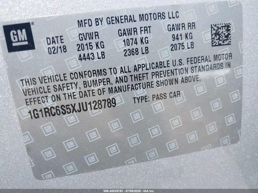 2018 Chevrolet Volt Lt VIN: 1G1RC6S5XJU128789 Lot: 45535782