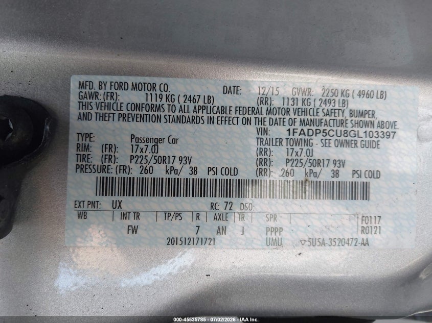 2016 Ford C-Max Energi Sel VIN: 1FADP5CU8GL103397 Lot: 45535785