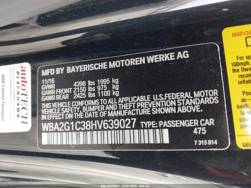 2017 BMW M240I VIN: WBA2G1C38HV639027 Lot: 45535841