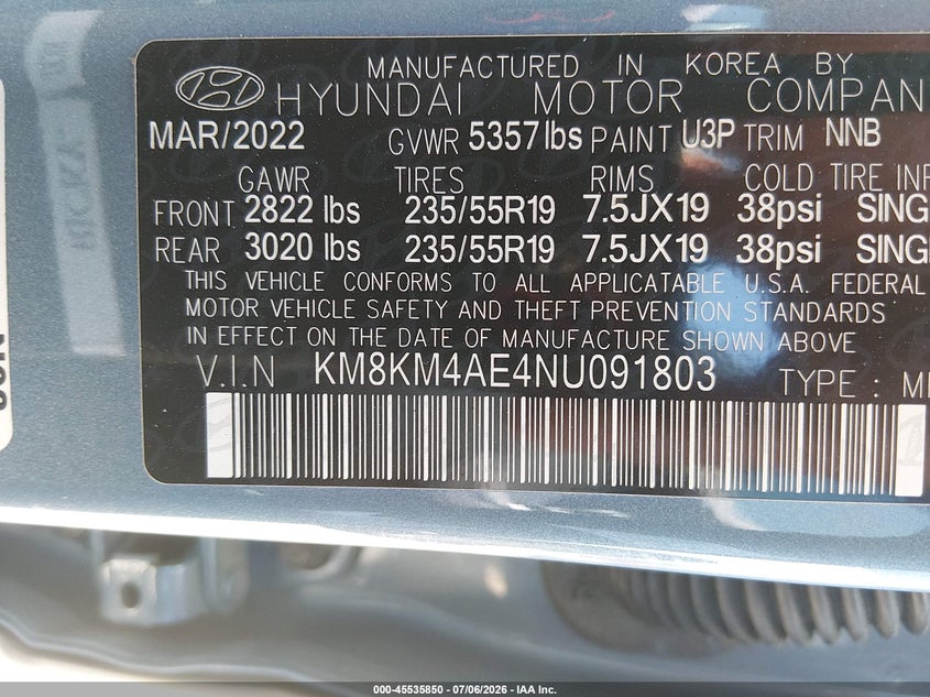 2022 Hyundai Ioniq 5 Se VIN: KM8KM4AE4NU091803 Lot: 45535850