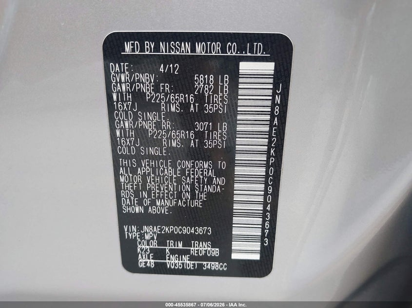 2012 Nissan Quest Sv VIN: JN8AE2KP0C9043673 Lot: 45535867