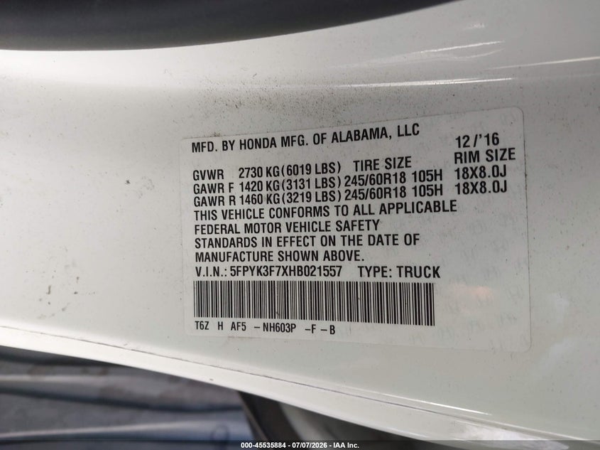 2017 Honda Ridgeline Rtl-E VIN: 5FPYK3F7XHB021557 Lot: 45535884