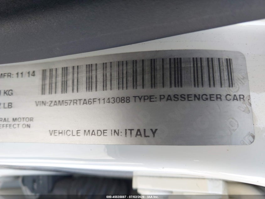 2015 Maserati Ghibli S Q4 VIN: ZAM57RTA6F1143088 Lot: 45535887