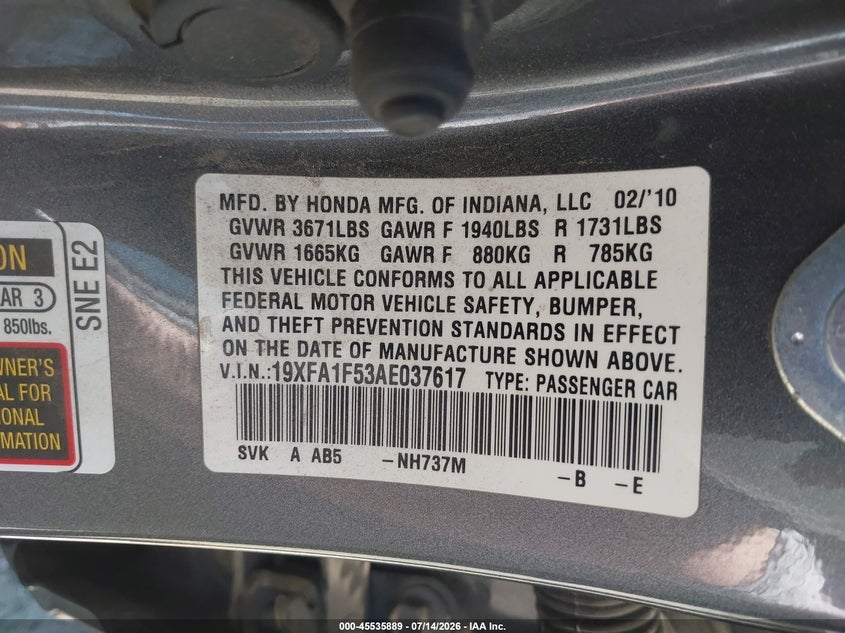 2010 Honda Civic Lx VIN: 19XFA1F53AE037617 Lot: 45535889
