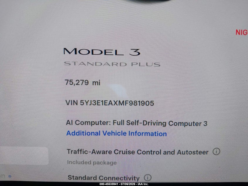 2021 TESLA MODEL 3 auction photo 7
