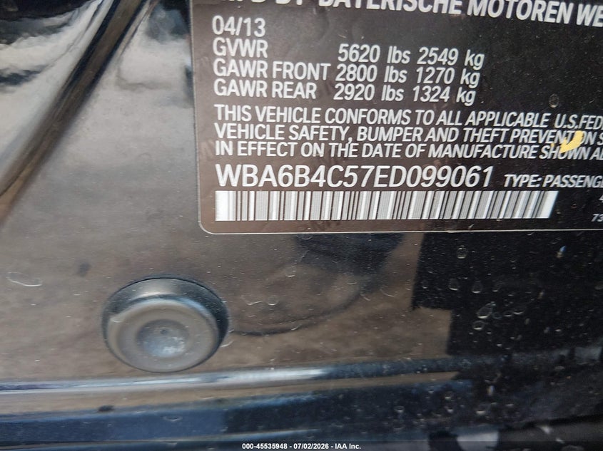 2014 BMW 650I Gran Coupe xDrive VIN: WBA6B4C57ED099061 Lot: 45535948