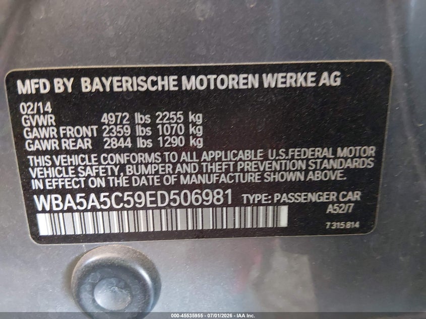 2014 BMW 5ER SEDAN 2.0L I-4 DI, DOHC, VVT, TURBO, 240HP