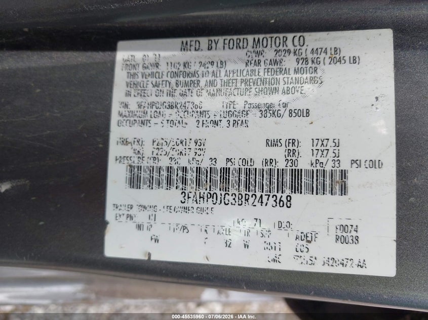 2011 FORD FUSION auction photo 8