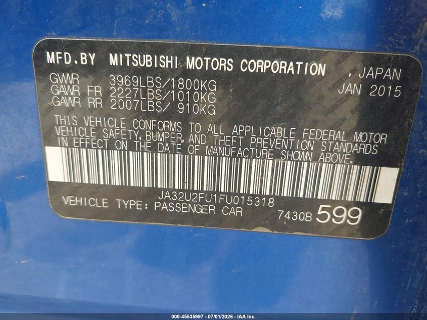 2015 Mitsubishi Lancer Es VIN: JA32U2FU1FU015318 Lot: 45535997