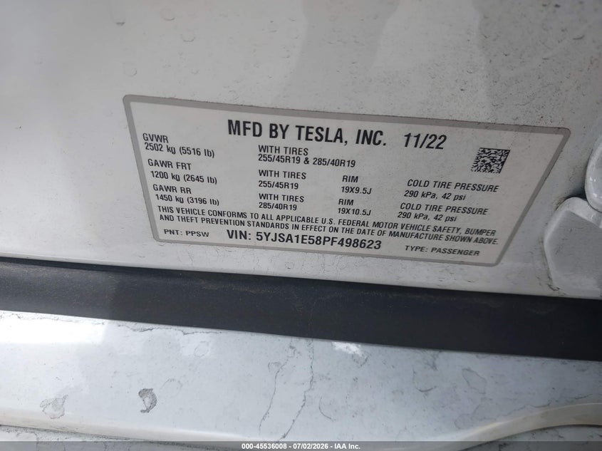 2023 Tesla Model S Dual Motor All-Wheel Drive/Standard Range VIN: 5YJSA1E58PF498623 Lot: 45536008