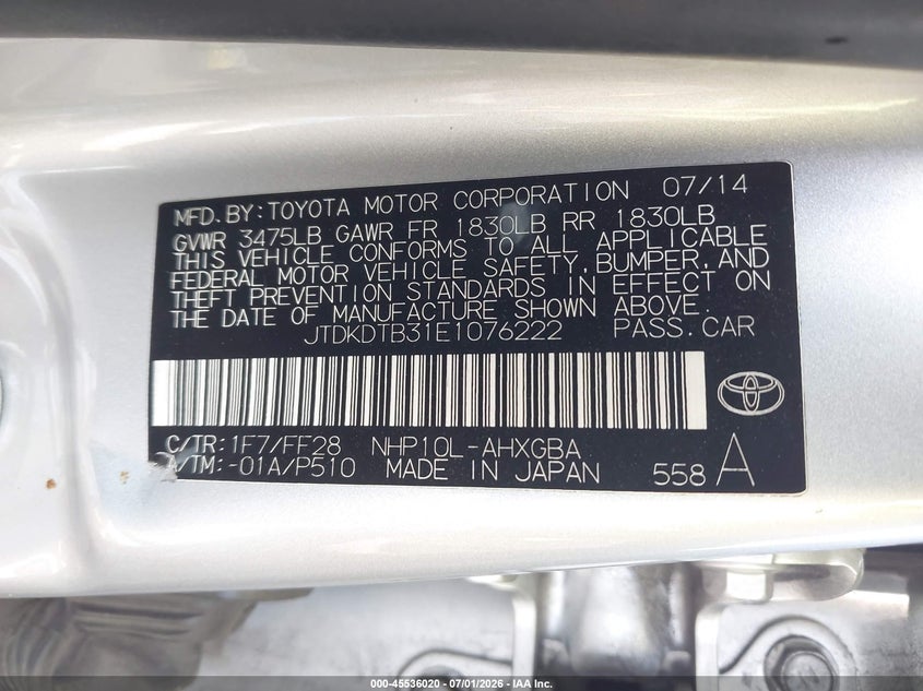 2014 Toyota Prius C Three VIN: JTDKDTB31E1076222 Lot: 45536020