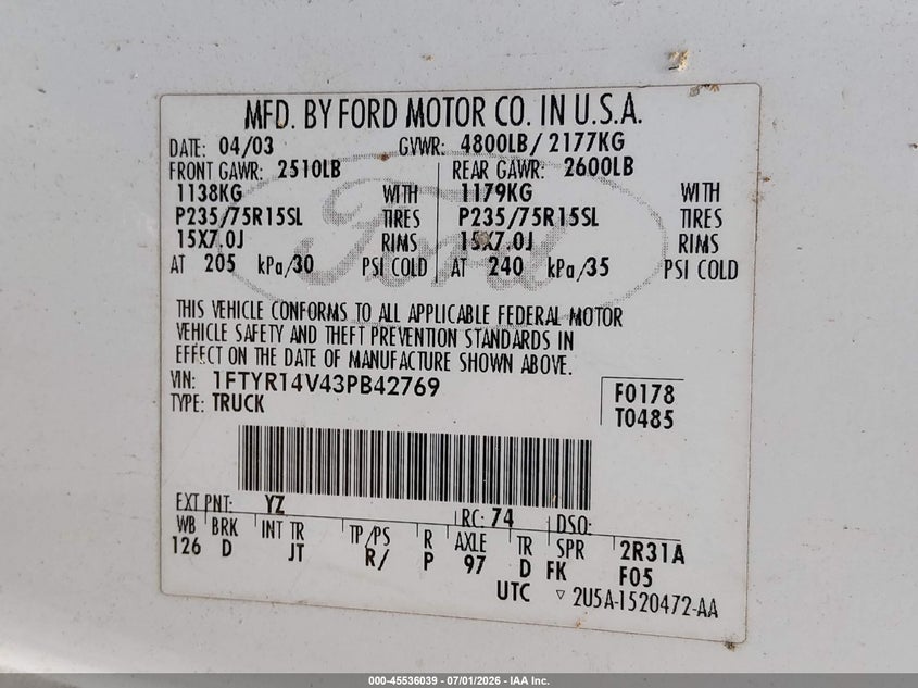 2003 FORD RANGER TRUCK 3.0L V-6 154HP