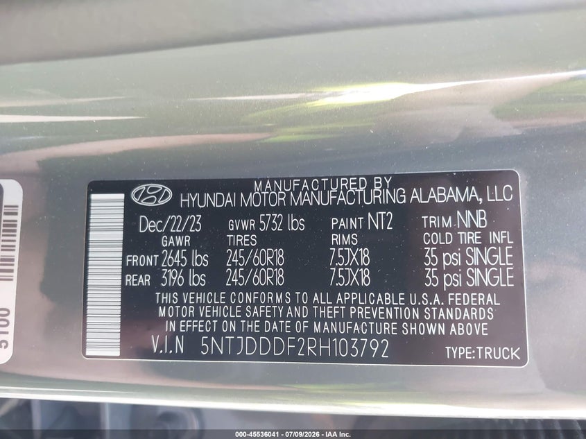 2024 Hyundai Santa Cruz Xrt VIN: 5NTJDDDF2RH103792 Lot: 45536041