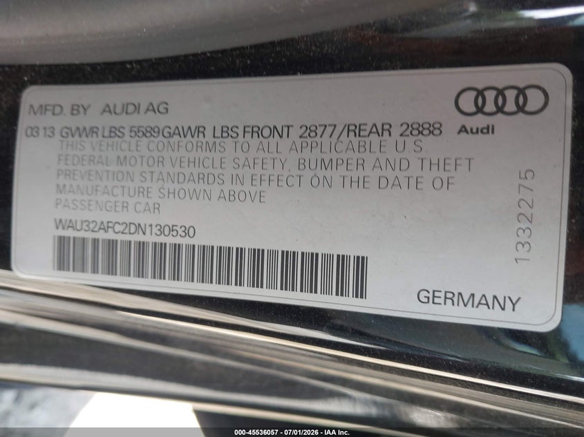 2013 Audi S7 4.0T Prestige VIN: WAU32AFC2DN130530 Lot: 45536057